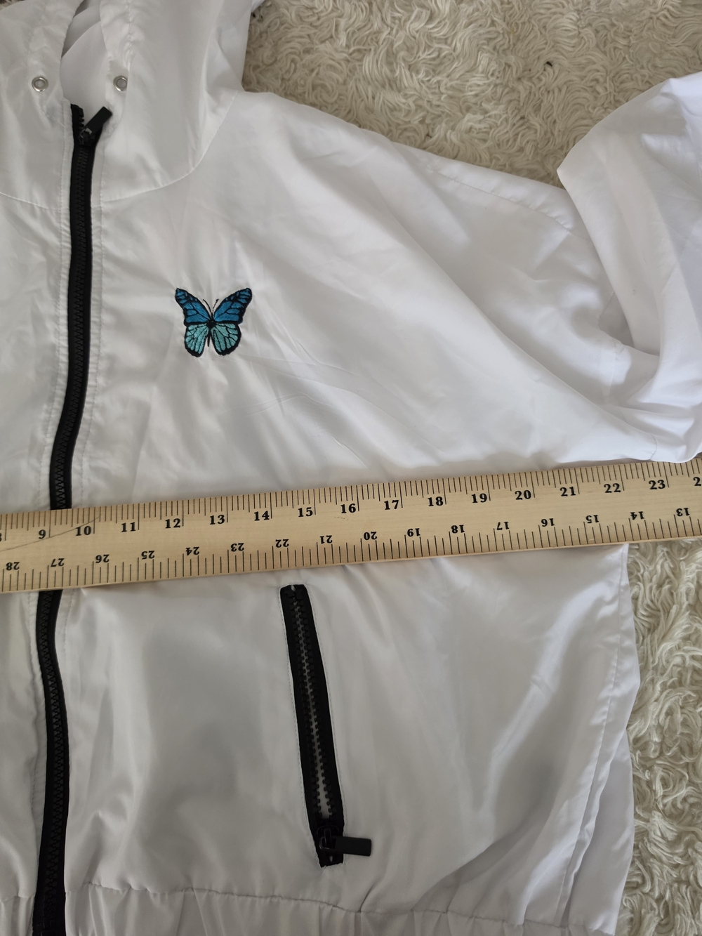 Rue21 White Hooded Bomber Jacket with Blue Butterfly Patch - Picture 4 of 5